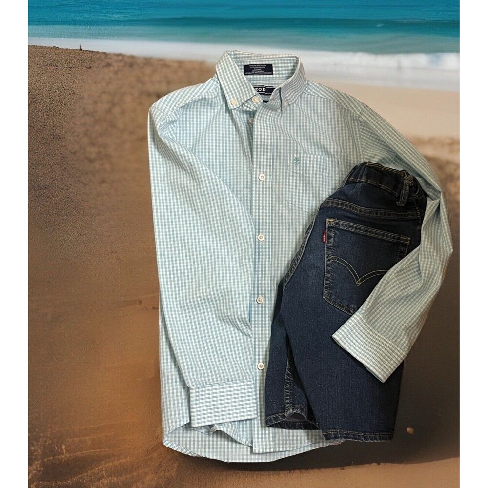 LOT 2 Boys Medium 10 12 IZOD Dress Shirt Blue Plaid LEVIS Jean Shorts‎ 511 Slim